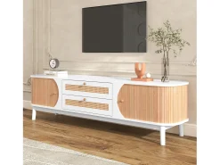 Móvel De Tv|Merax Móvel TV com 2 gavetas e 2 portas de correr, aglomerado, efeito rattan, e natural Branco