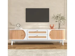 Móvel De Tv|Merax Móvel TV com 2 gavetas e 2 portas de correr, aglomerado, efeito rattan, e natural Branco