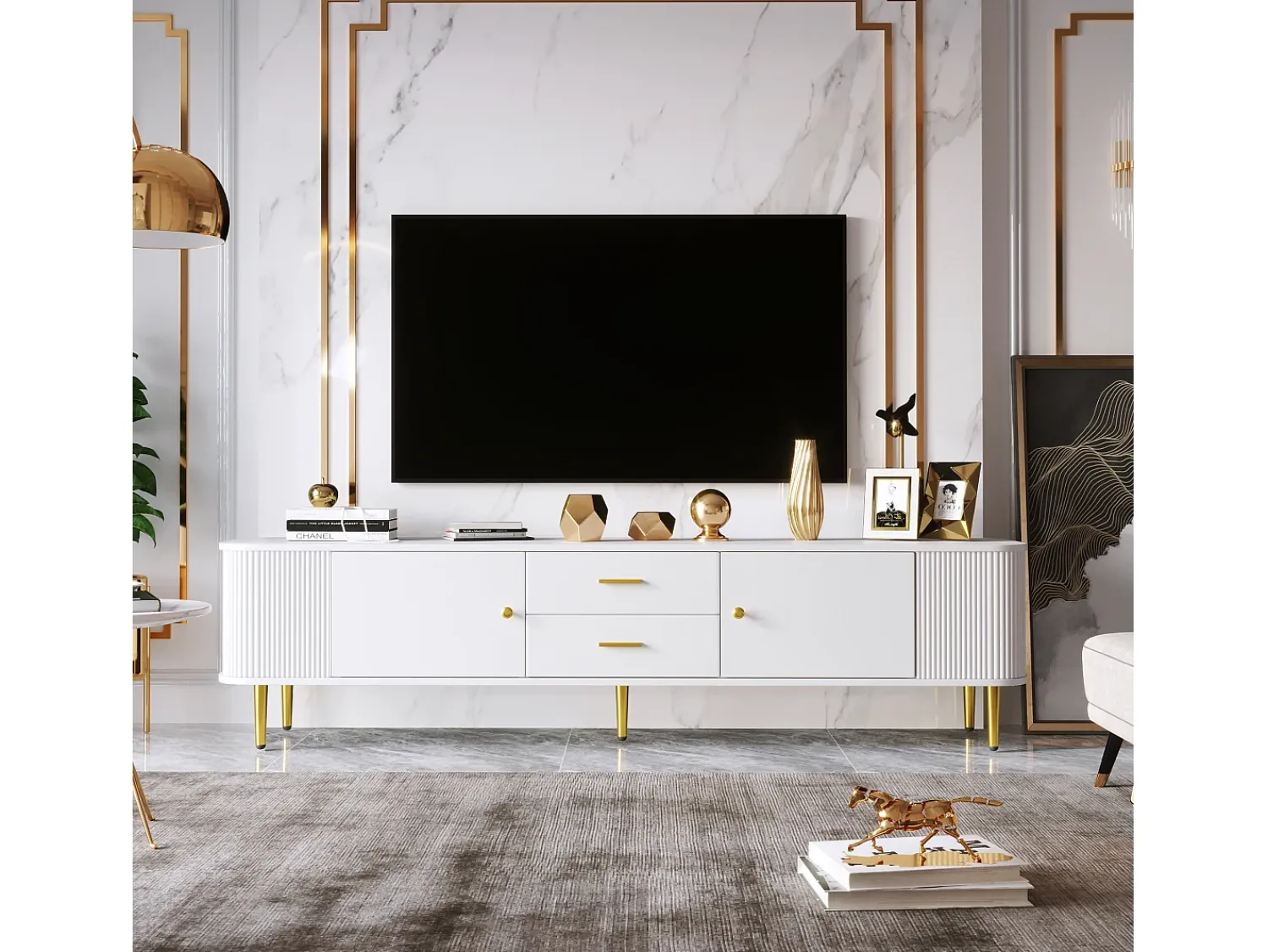 Merax Móvel TV com 2 gavetas e 2 portas - 170 x 34 x 45 cm - Madeira MDF - Puxadores e pés dourados -^ Móvel De Tv