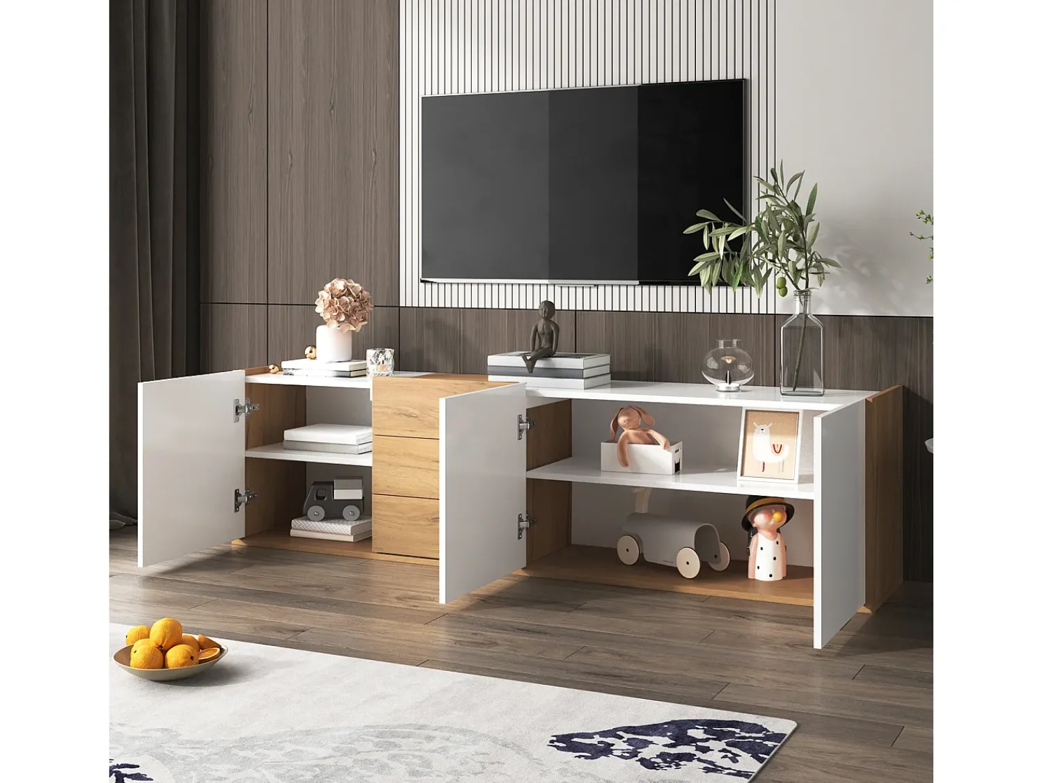 Hauss Spole Móvel TV com 3 gavetas e 3 portas, móvel TV suspenso em madeira natural clara e acabamento - 171,5x35x47cm^ Móvel De Tv