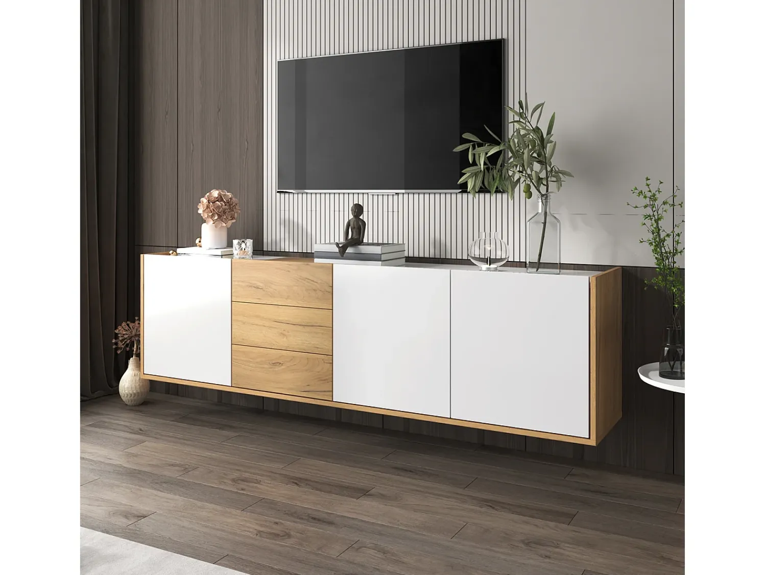 Hauss Spole Móvel TV com 3 gavetas e 3 portas, móvel TV suspenso em madeira natural clara e acabamento - 171,5x35x47cm^ Móvel De Tv