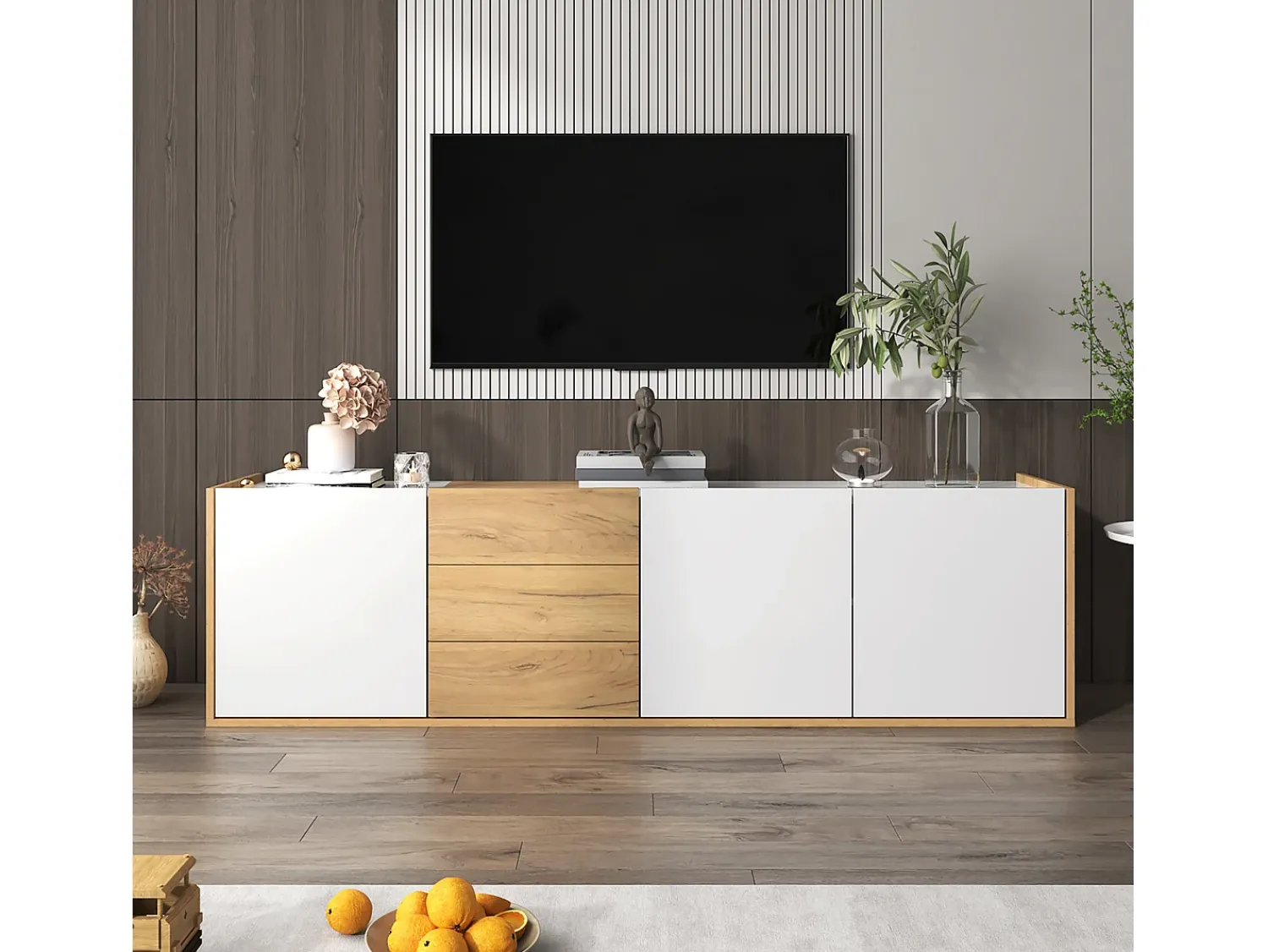 Hauss Spole Móvel TV com 3 gavetas e 3 portas, móvel TV suspenso em madeira natural clara e acabamento - 171,5x35x47cm^ Móvel De Tv