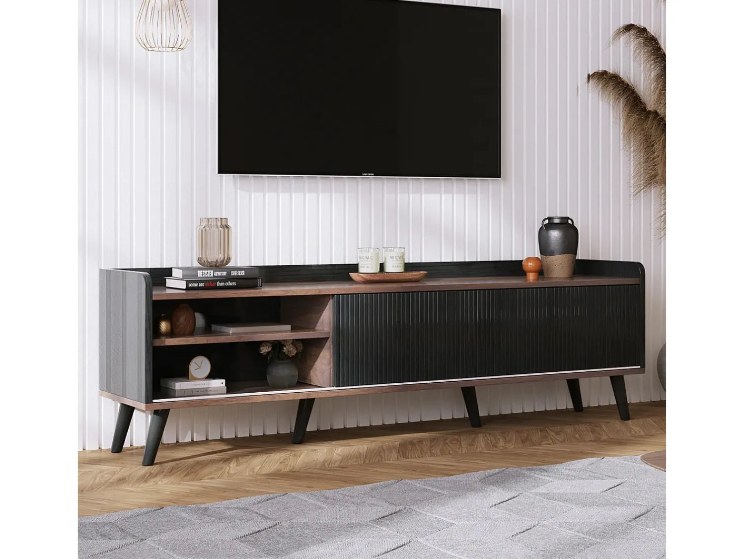 Merax Móvel TV com 2 gavetas e 2 portas de correr - estilo moderno - cores: e natural^ Móvel De Tv