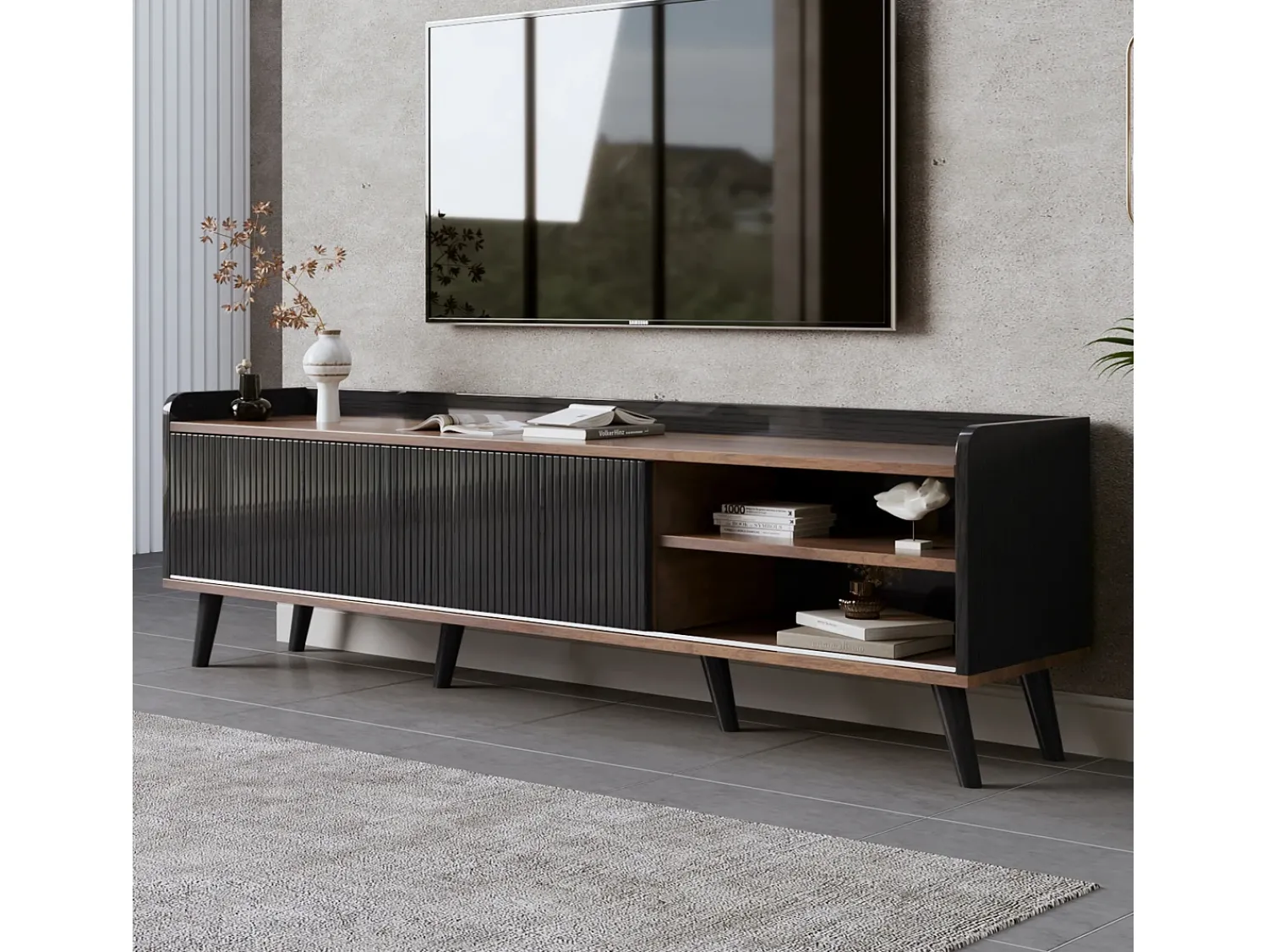 Merax Móvel TV com 2 gavetas e 2 portas de correr - estilo moderno - cores: e natural^ Móvel De Tv