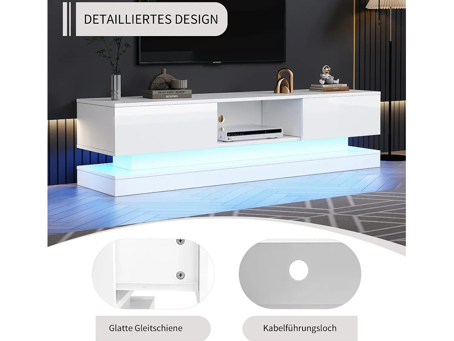 Móvel De Tv|Merax Móvel TV com 2 gavetas e compartimento aberto - 160 x 35 x 40,5 cm - LEDs - Aglomerado - brilhante Branco