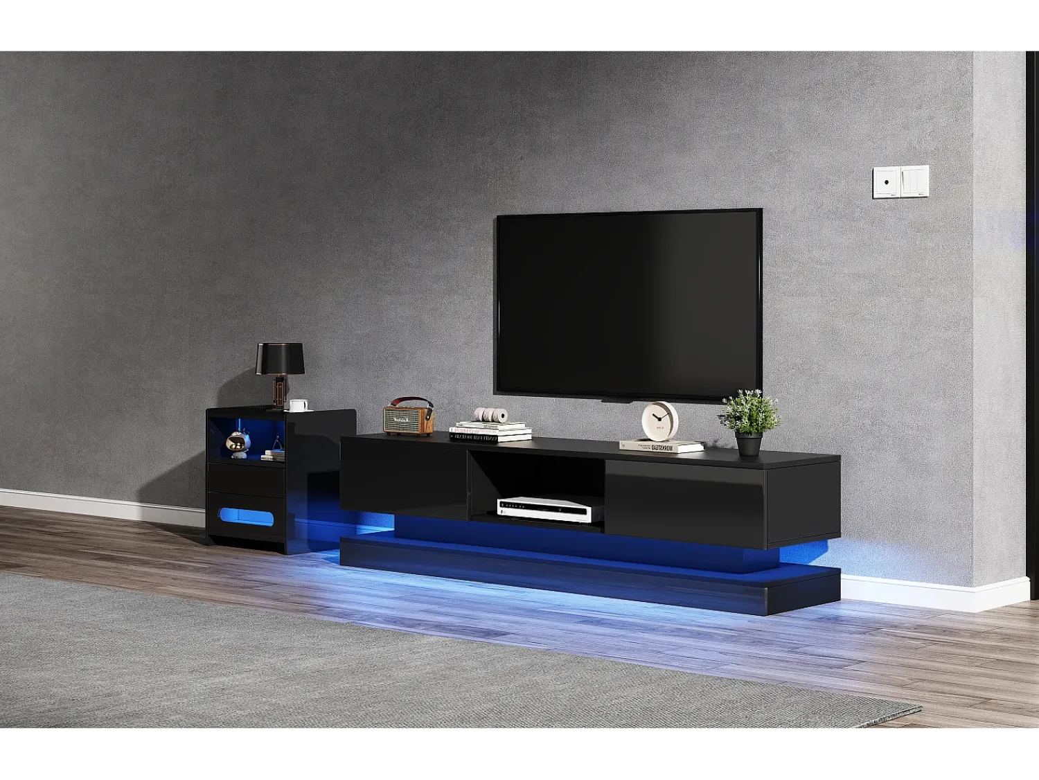 Móvel De Tv*Merax Móvel TV com 2 gavetas e compartimento aberto - 160 x 35 x 40,5 cm - LEDs - Aglomerado - brilhante Preto