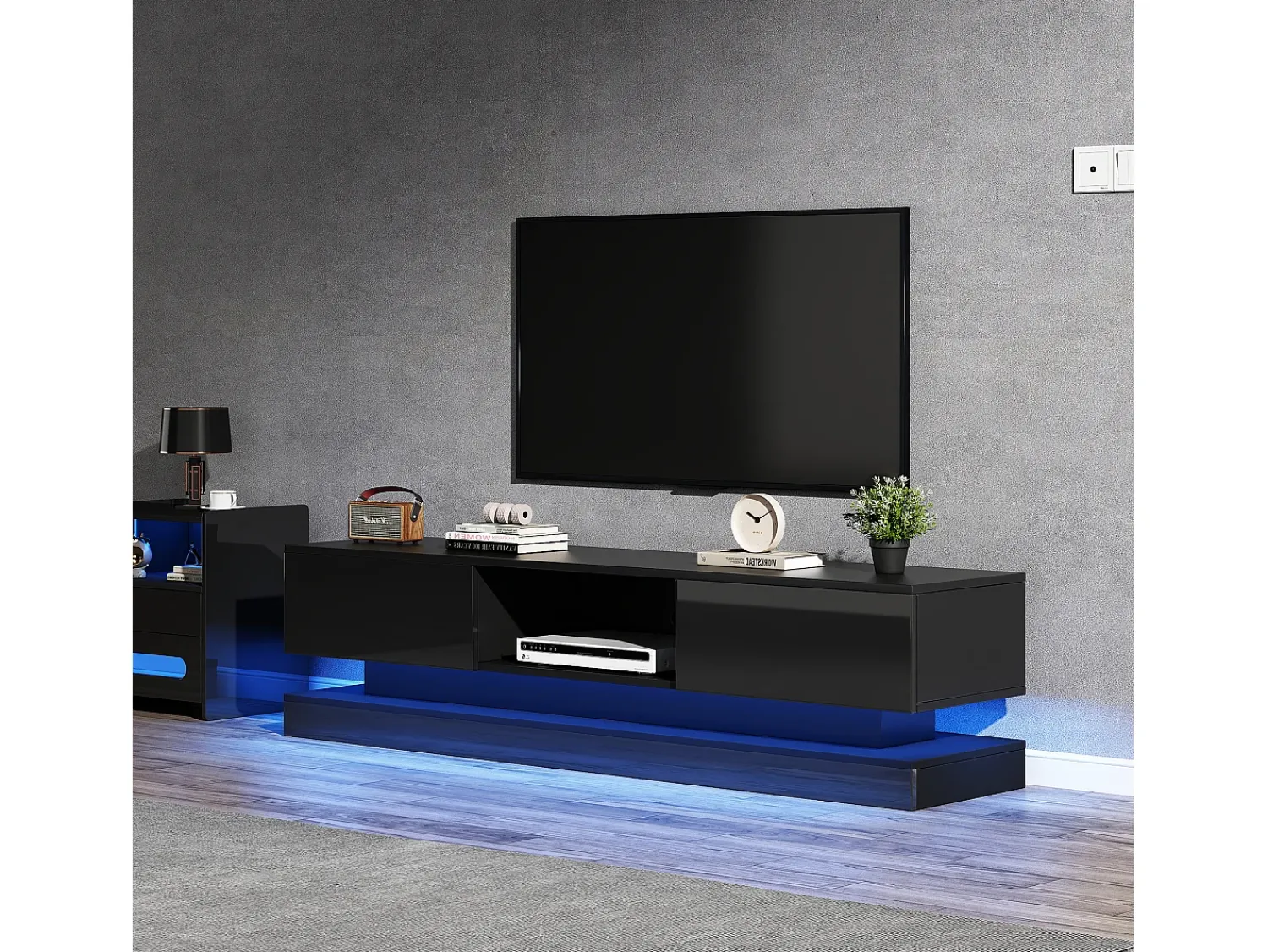Móvel De Tv*Merax Móvel TV com 2 gavetas e compartimento aberto - 160 x 35 x 40,5 cm - LEDs - Aglomerado - brilhante Preto