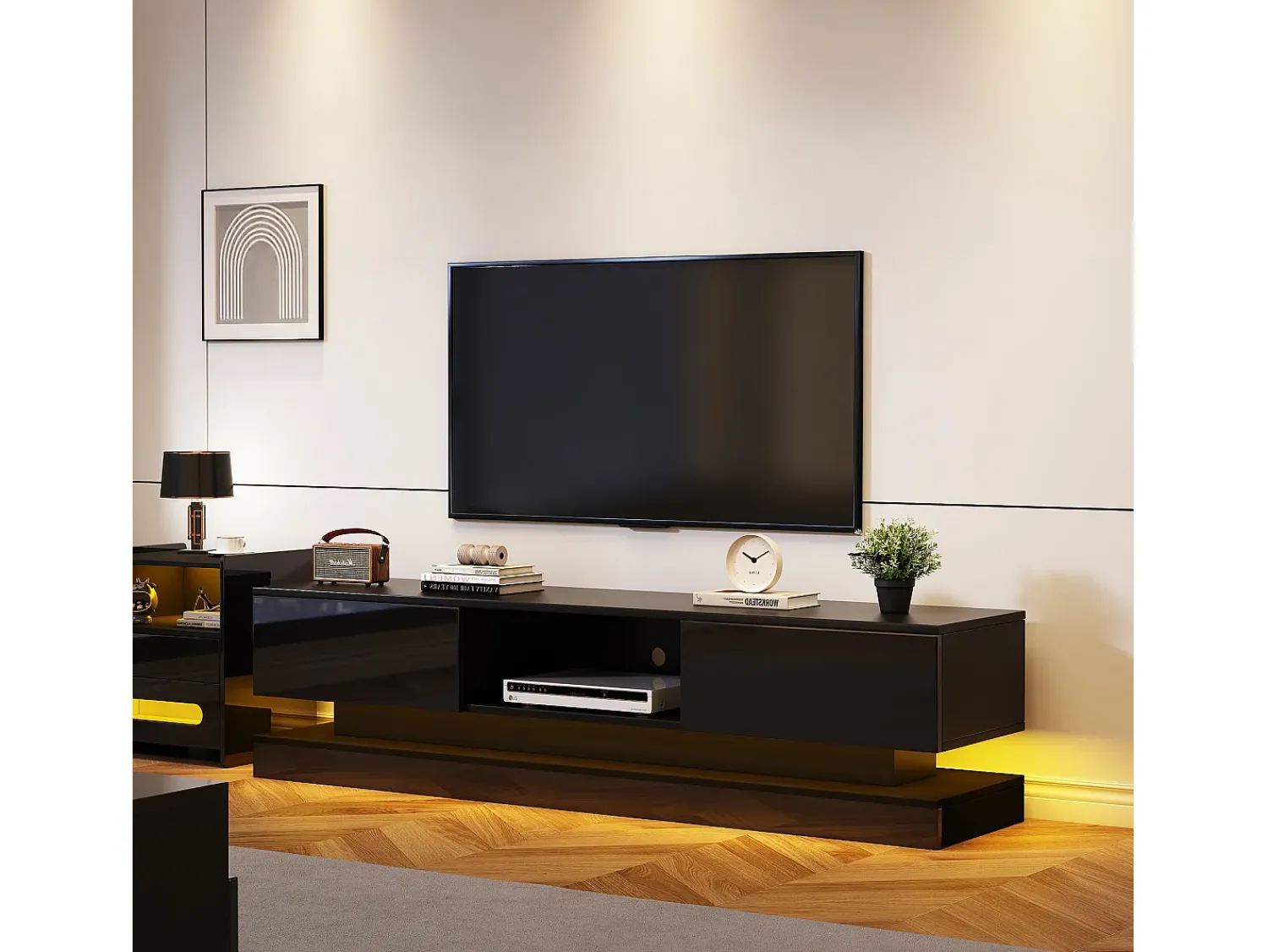 Móvel De Tv*Merax Móvel TV com 2 gavetas e compartimento aberto - 160 x 35 x 40,5 cm - LEDs - Aglomerado - brilhante Preto