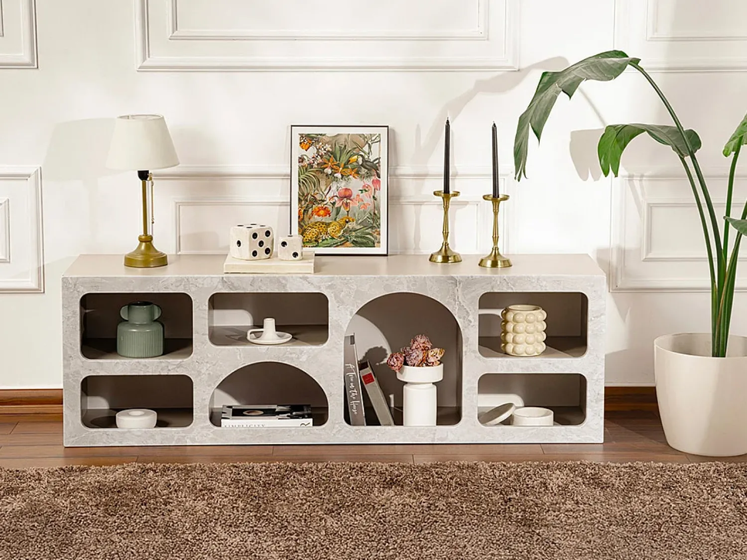 Móvel De Tv|Vente-unique Móvel TV com 7 nichos - Efeito mármore cinza - LUELA Cinzento