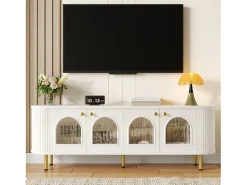 Móvel De Tv|Merax Móvel TV com 4 portas - 170 x 35 x 55 cm - LEDs - MDF e pés de metal dourado - Branco