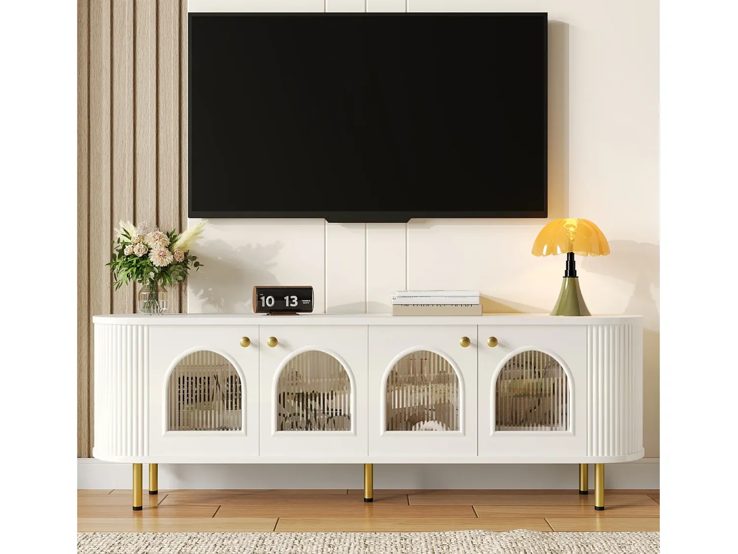 Móvel De Tv|Merax Móvel TV com 4 portas - 170 x 35 x 55 cm - LEDs - MDF e pés de metal dourado - Branco