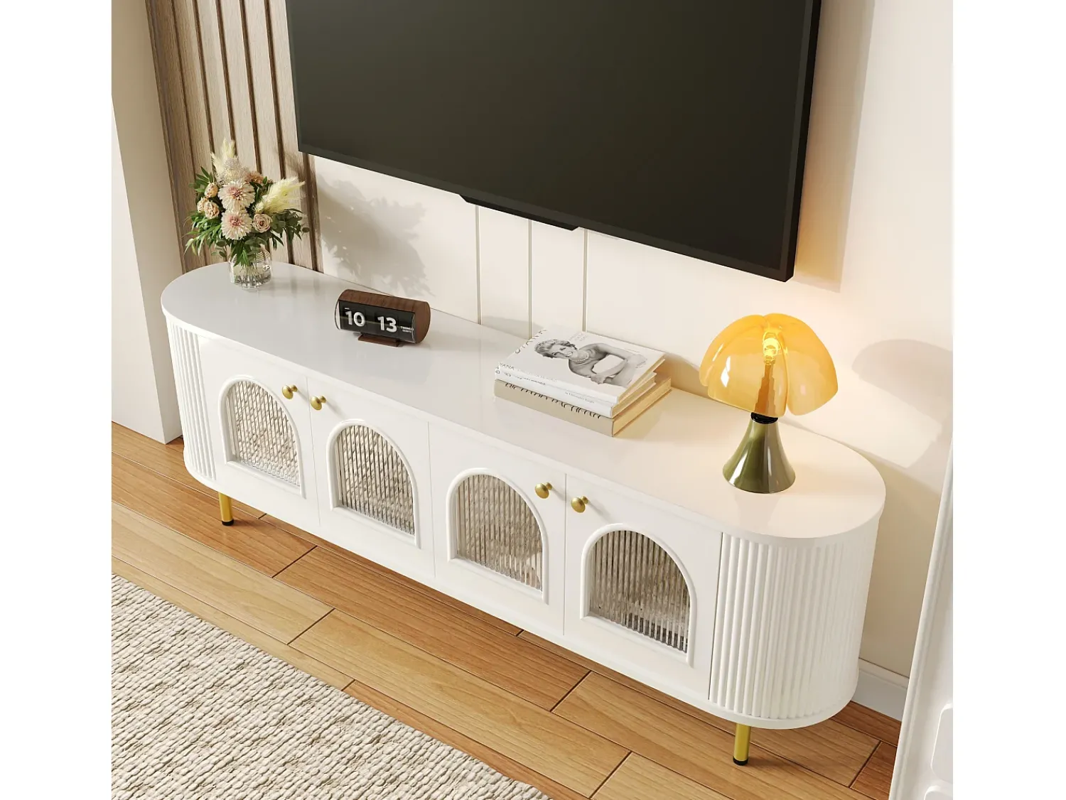 Móvel De Tv|Merax Móvel TV com 4 portas - 170 x 35 x 55 cm - LEDs - MDF e pés de metal dourado - Branco