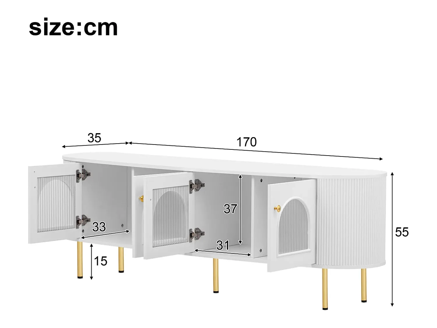 Móvel De Tv|Merax Móvel TV com 4 portas - 170 x 35 x 55 cm - LEDs - MDF e pés de metal dourado - Branco