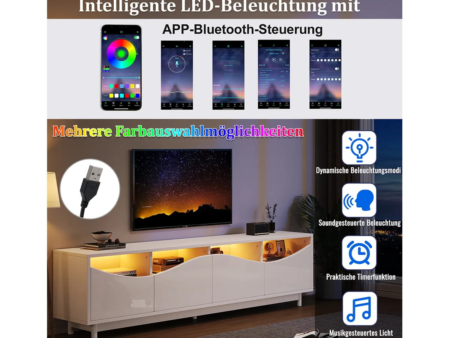 Móvel De Tv*Merax Móvel TV com 4 portas - 175 x 38 x 51 cm - LEDs - Madeira MDF e vidro temperado - brilhante Branco