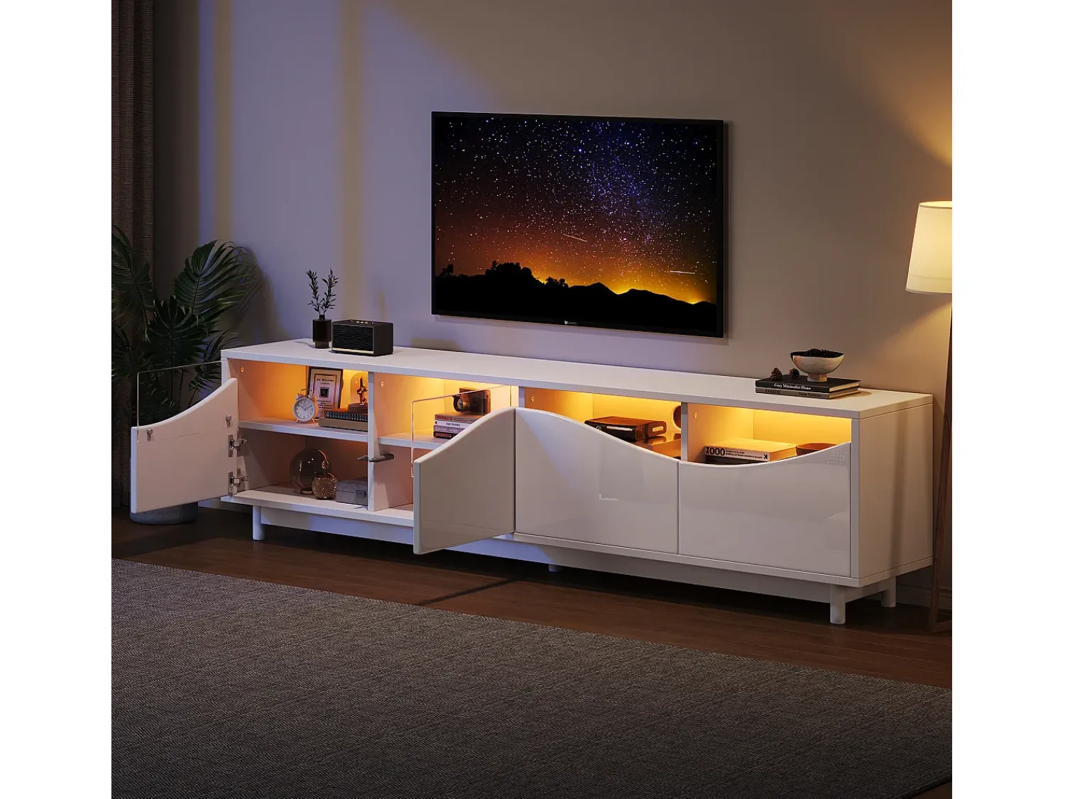 Móvel De Tv*Merax Móvel TV com 4 portas - 175 x 38 x 51 cm - LEDs - Madeira MDF e vidro temperado - brilhante Branco