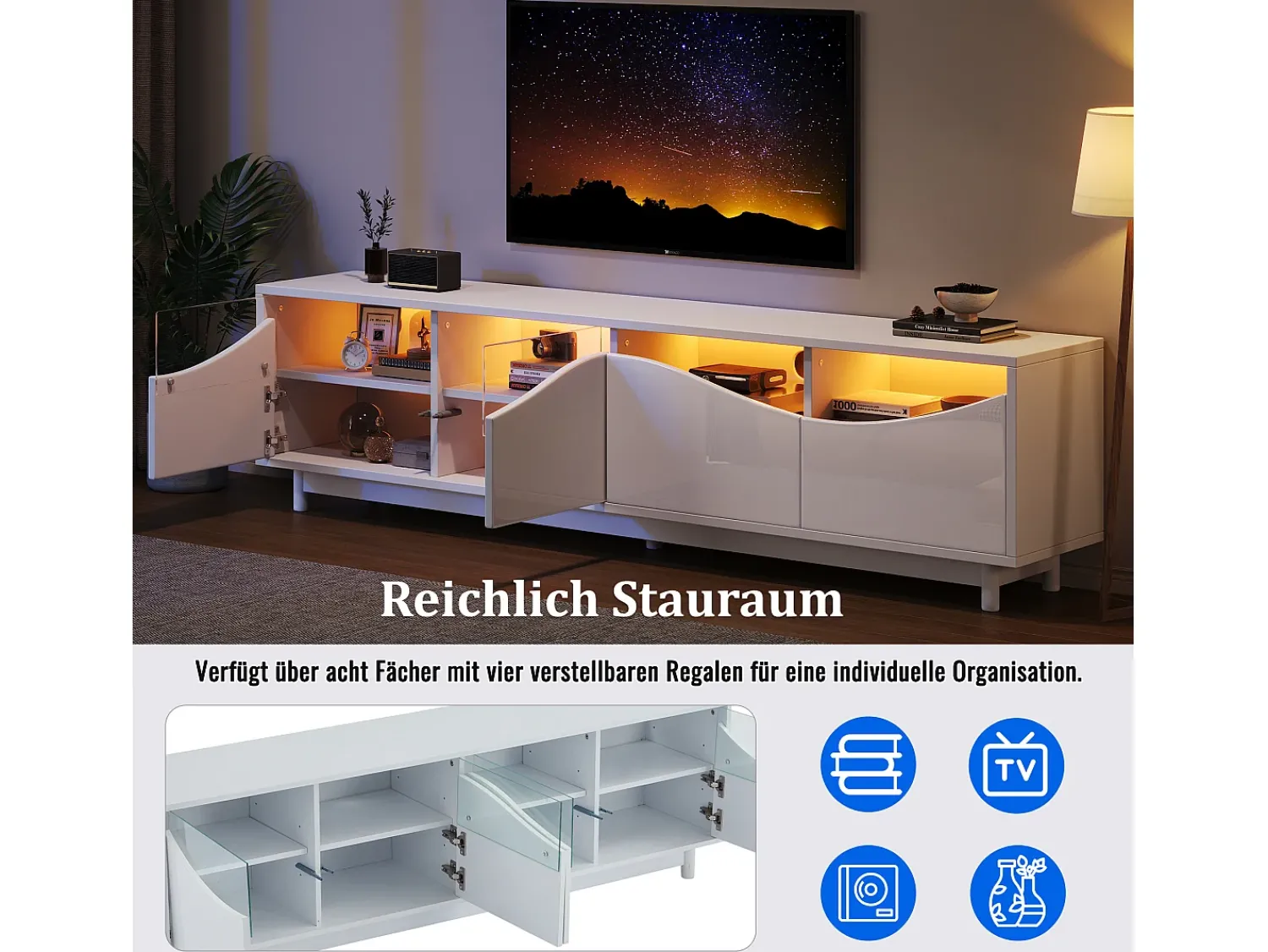 Móvel De Tv*Merax Móvel TV com 4 portas - 175 x 38 x 51 cm - LEDs - Madeira MDF e vidro temperado - brilhante Branco