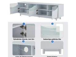 Móvel De Tv*Merax Móvel TV com 4 portas - 175 x 38 x 51 cm - LEDs - Madeira MDF e vidro temperado - brilhante Branco