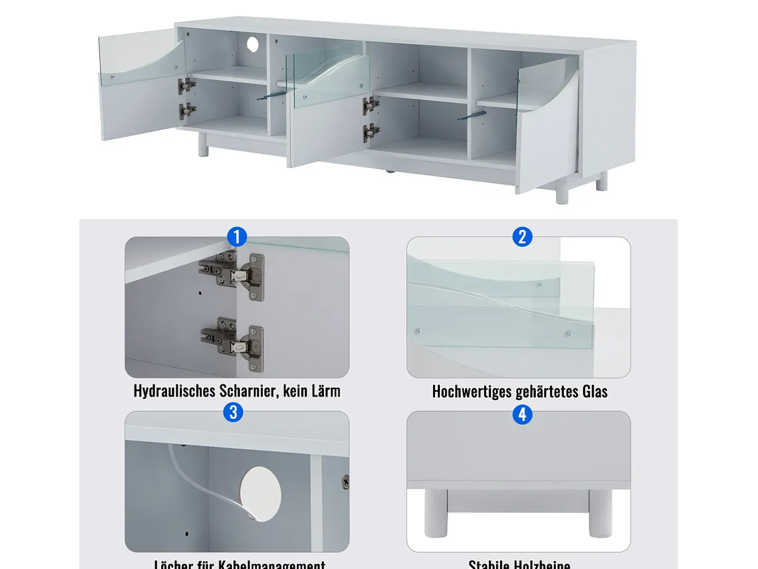 Móvel De Tv*Merax Móvel TV com 4 portas - 175 x 38 x 51 cm - LEDs - Madeira MDF e vidro temperado - brilhante Branco