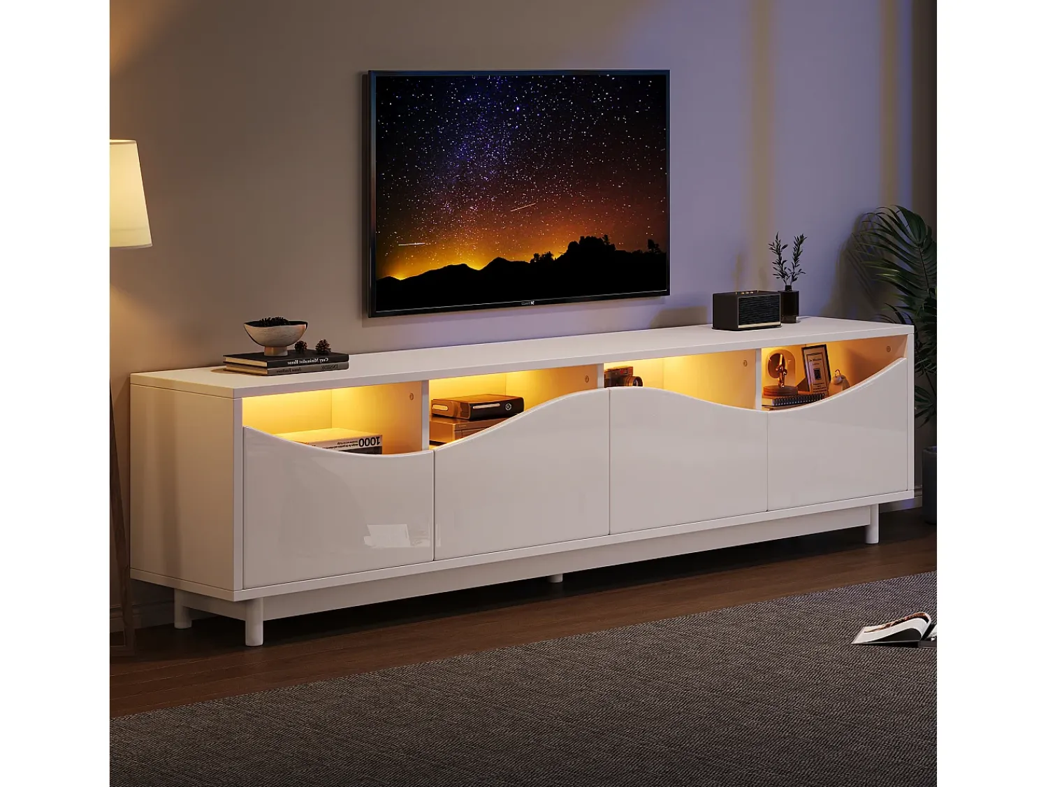 Móvel De Tv*Merax Móvel TV com 4 portas - 175 x 38 x 51 cm - LEDs - Madeira MDF e vidro temperado - brilhante Branco