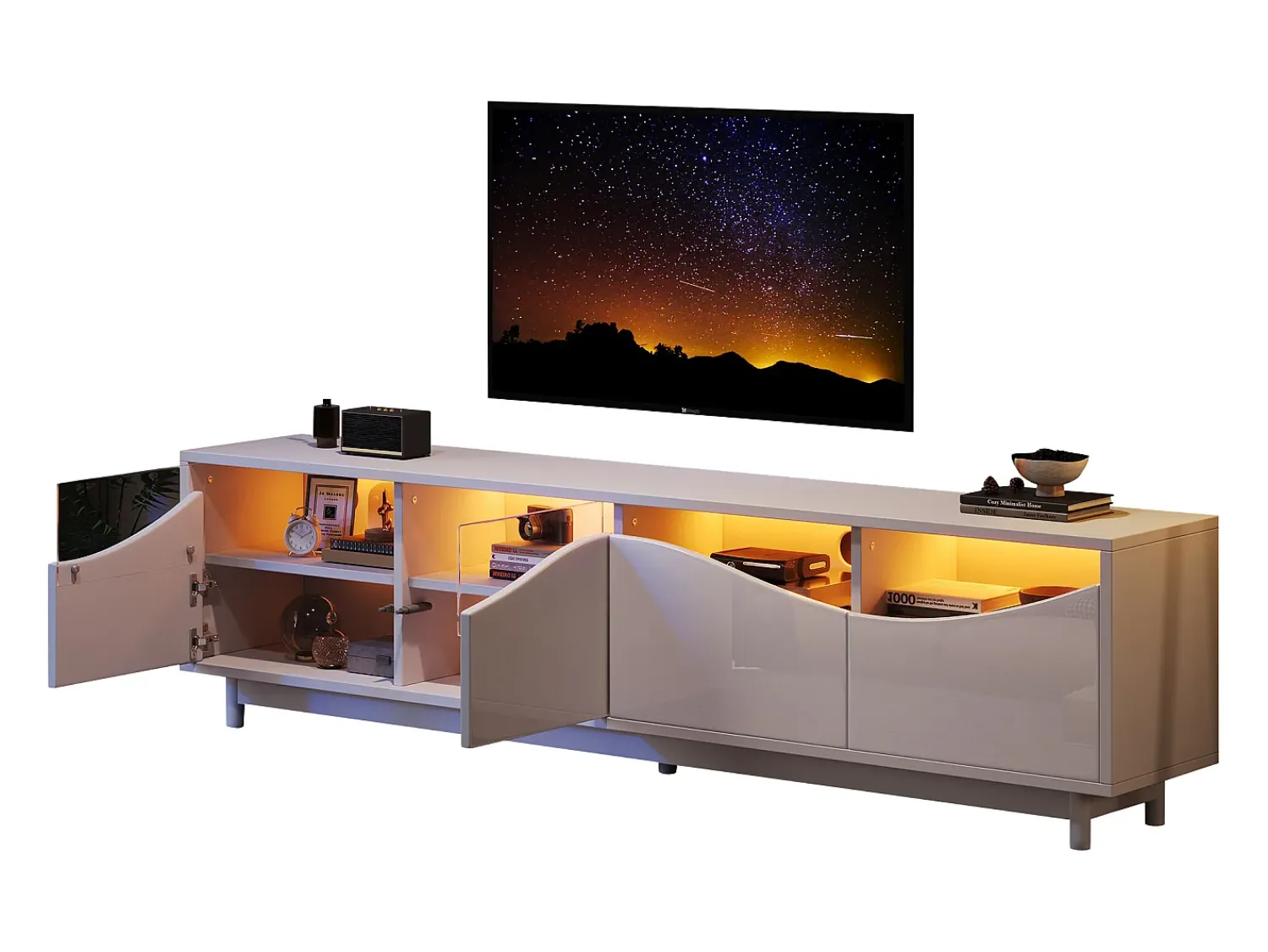 Móvel De Tv*Merax Móvel TV com 4 portas - 175 x 38 x 51 cm - LEDs - Madeira MDF e vidro temperado - brilhante Branco