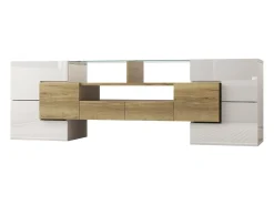 Clearance Hauss Spole Móvel TV com 6 portas, 2 gavetas e 2 nichos, LED incluído, em laca branca brilhante e acabamento em madeira - 145x30x51cm Natural claro