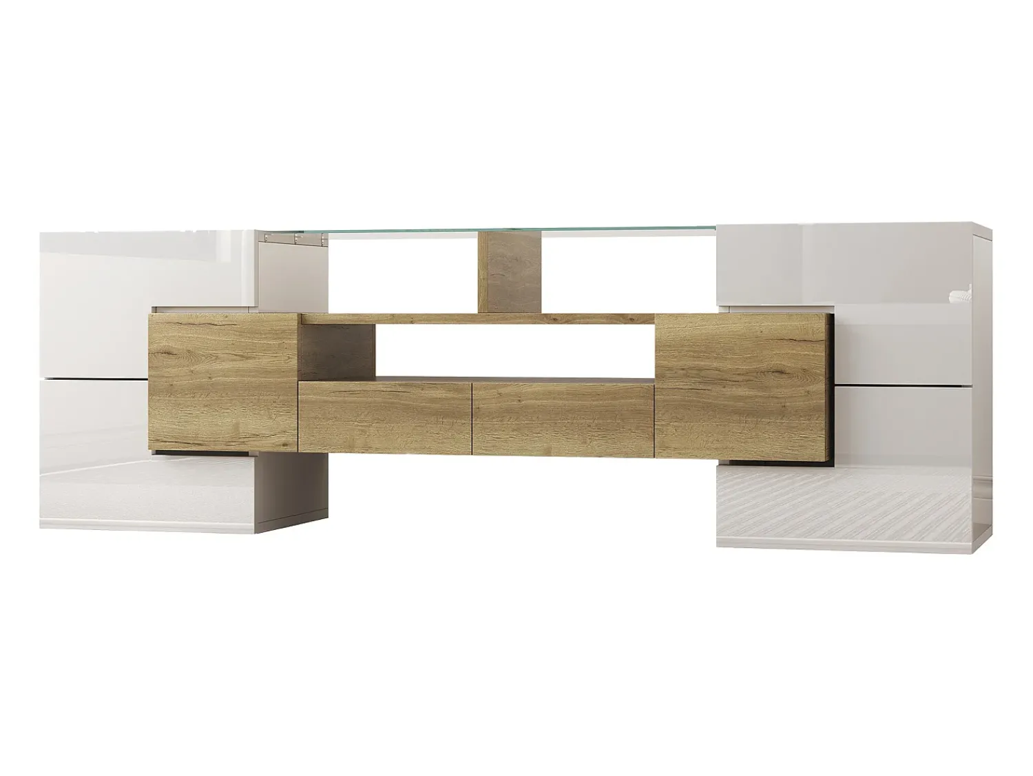Clearance Hauss Spole Móvel TV com 6 portas, 2 gavetas e 2 nichos, LED incluído, em laca branca brilhante e acabamento em madeira - 145x30x51cm Natural claro