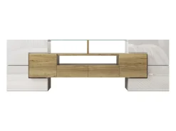 Clearance Hauss Spole Móvel TV com 6 portas, 2 gavetas e 2 nichos, LED incluído, em laca branca brilhante e acabamento em madeira - 145x30x51cm Natural claro