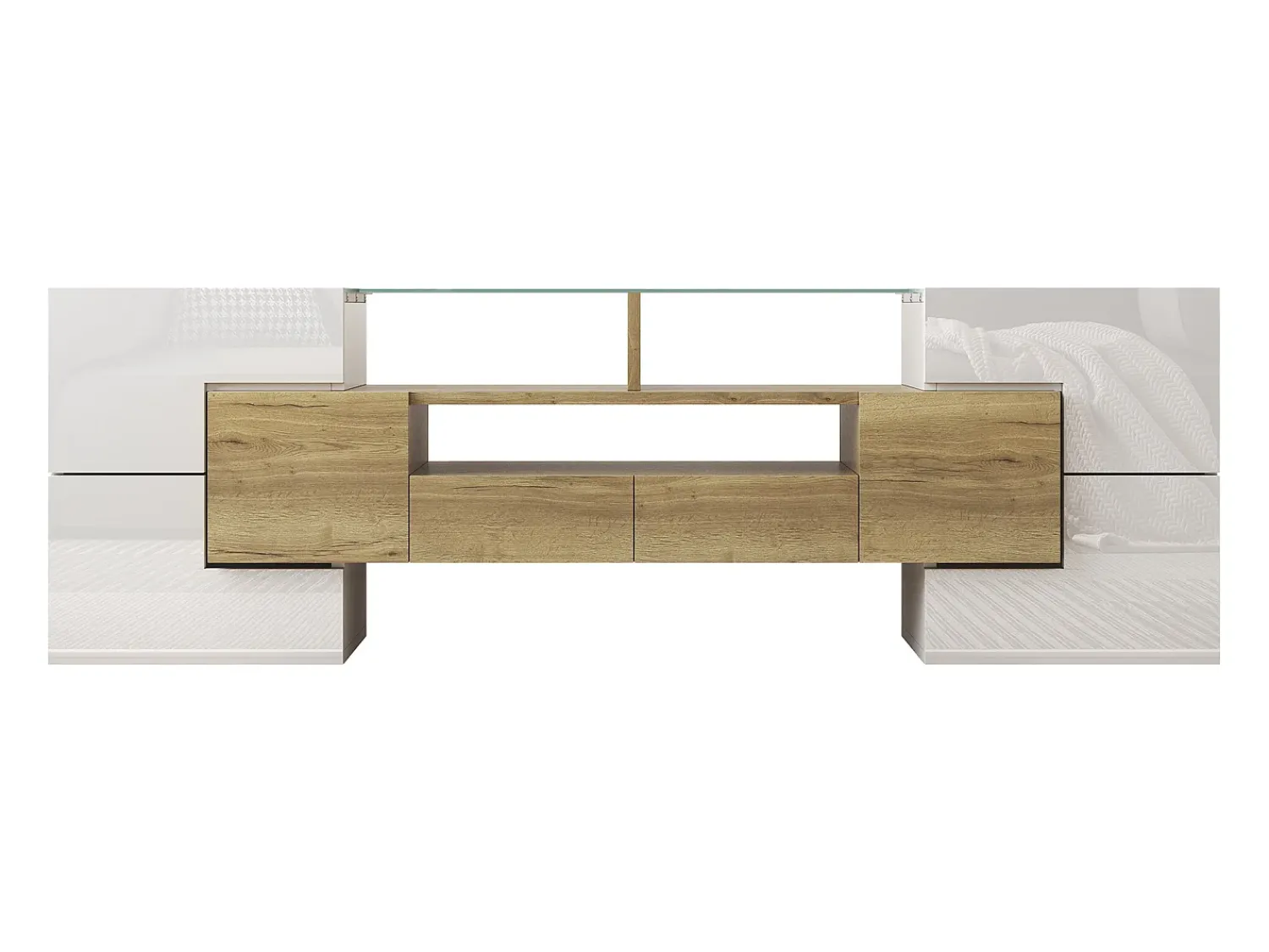 Clearance Hauss Spole Móvel TV com 6 portas, 2 gavetas e 2 nichos, LED incluído, em laca branca brilhante e acabamento em madeira - 145x30x51cm Natural claro