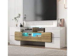 Clearance Hauss Spole Móvel TV com 6 portas, 2 gavetas e 2 nichos, LED incluído, em laca branca brilhante e acabamento em madeira - 145x30x51cm Natural claro