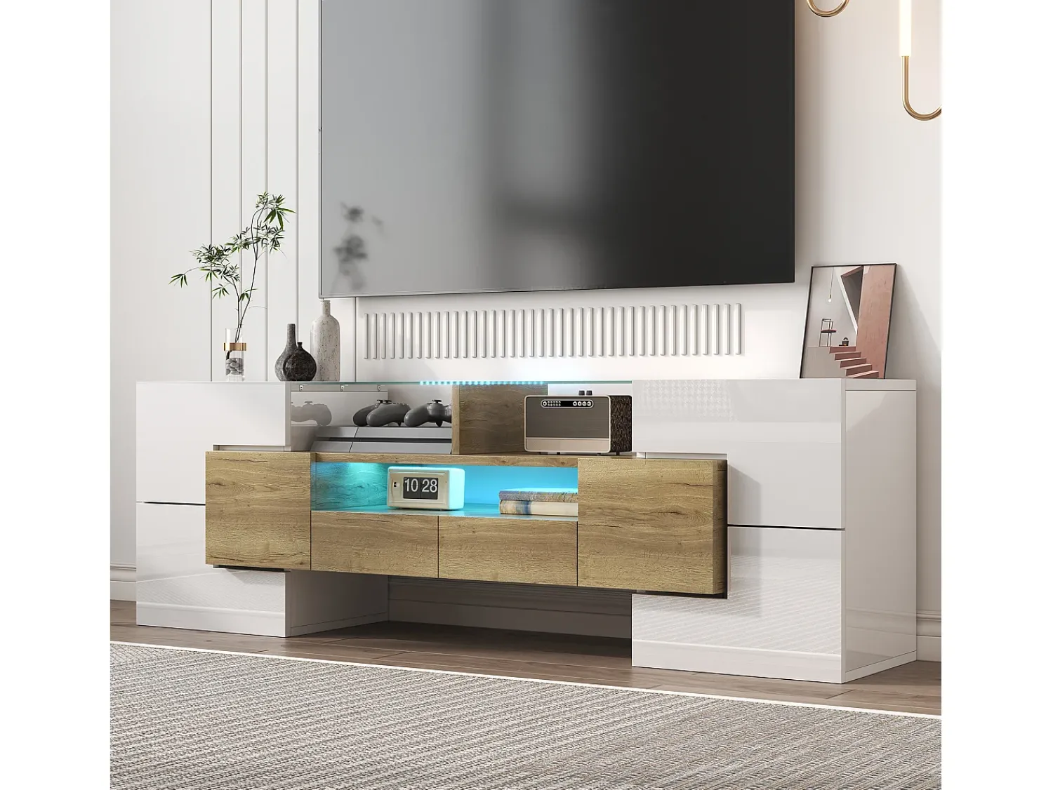 Clearance Hauss Spole Móvel TV com 6 portas, 2 gavetas e 2 nichos, LED incluído, em laca branca brilhante e acabamento em madeira - 145x30x51cm Natural claro