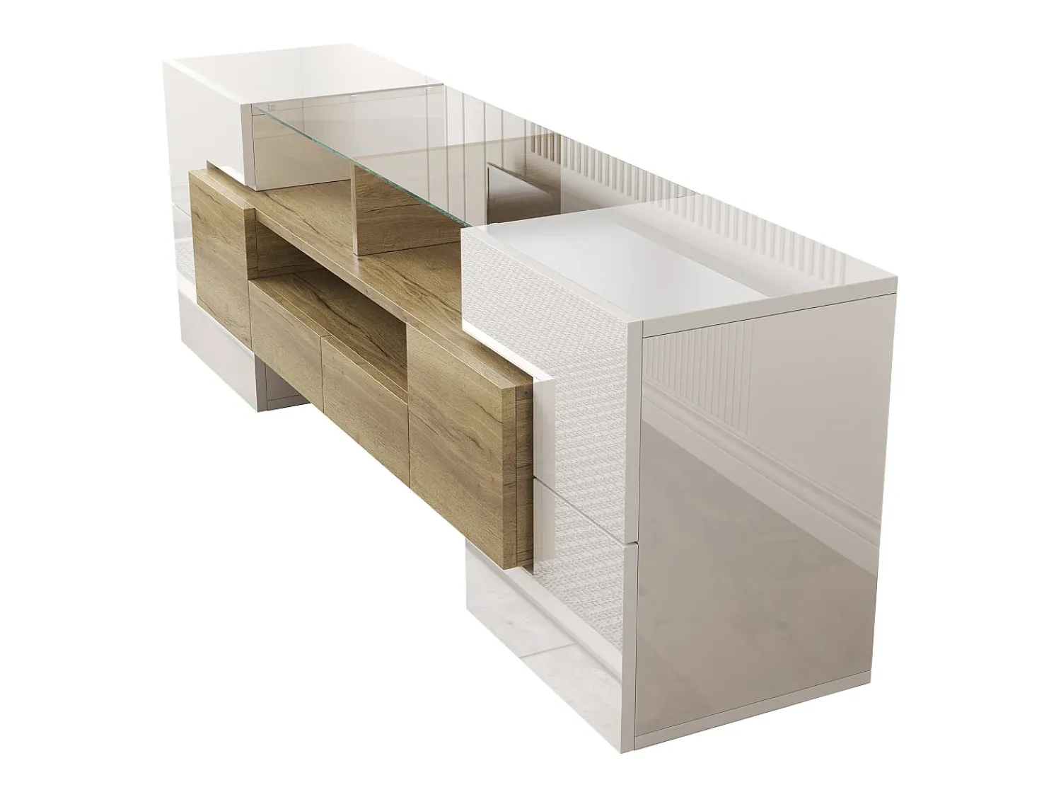 Clearance Hauss Spole Móvel TV com 6 portas, 2 gavetas e 2 nichos, LED incluído, em laca branca brilhante e acabamento em madeira - 145x30x51cm Natural claro