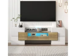 Clearance Hauss Spole Móvel TV com 6 portas, 2 gavetas e 2 nichos, LED incluído, em laca branca brilhante e acabamento em madeira - 145x30x51cm Natural claro