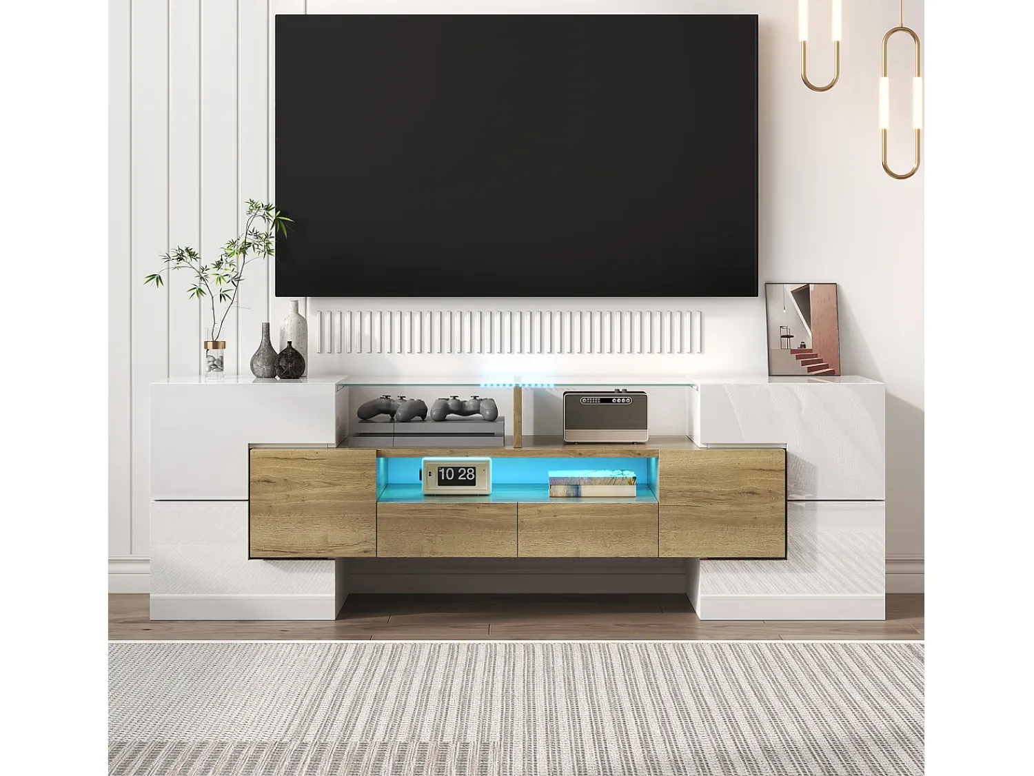 Clearance Hauss Spole Móvel TV com 6 portas, 2 gavetas e 2 nichos, LED incluído, em laca branca brilhante e acabamento em madeira - 145x30x51cm Natural claro