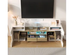 Clearance Hauss Spole Móvel TV com 6 portas, 2 gavetas e 2 nichos, LED incluído, em laca branca brilhante e acabamento em madeira - 145x30x51cm Natural claro