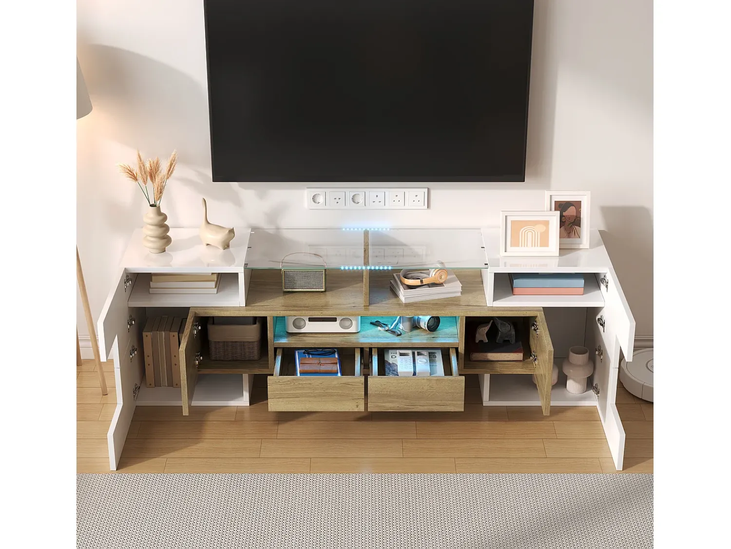 Clearance Hauss Spole Móvel TV com 6 portas, 2 gavetas e 2 nichos, LED incluído, em laca branca brilhante e acabamento em madeira - 145x30x51cm Natural claro