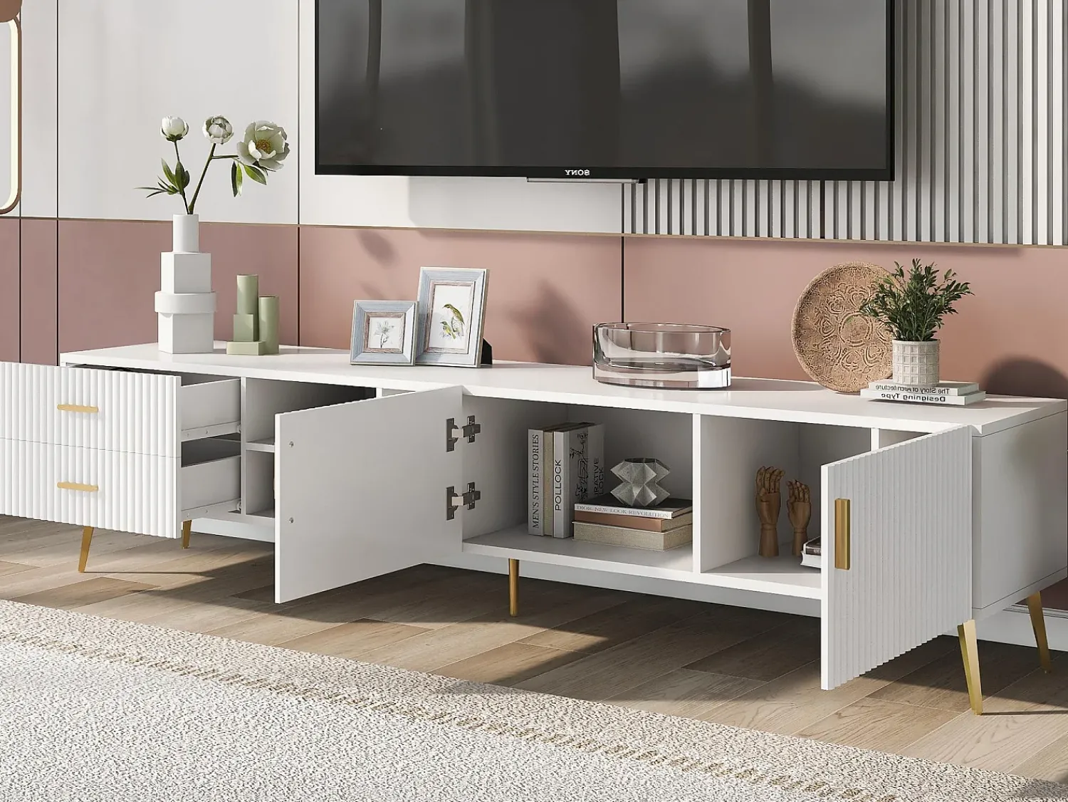 Móvel De Tv|Merax Móvel TV com 2 portas, 2 gavetas e 2 nichos - MDF - pés metálicos - Branco