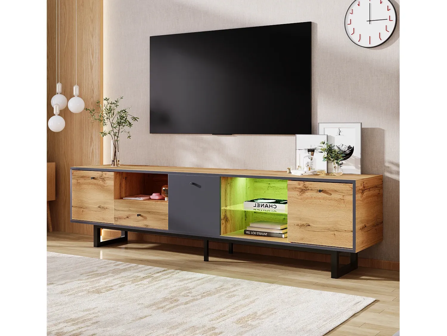 Merax Móvel TV com 3 portas, 1 gaveta e 3 nichos - LEDs - Aglomerado e pés metálicos - Carvalho^ Móvel De Tv