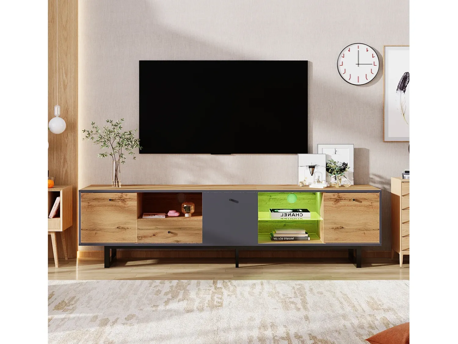 Merax Móvel TV com 3 portas, 1 gaveta e 3 nichos - LEDs - Aglomerado e pés metálicos - Carvalho^ Móvel De Tv