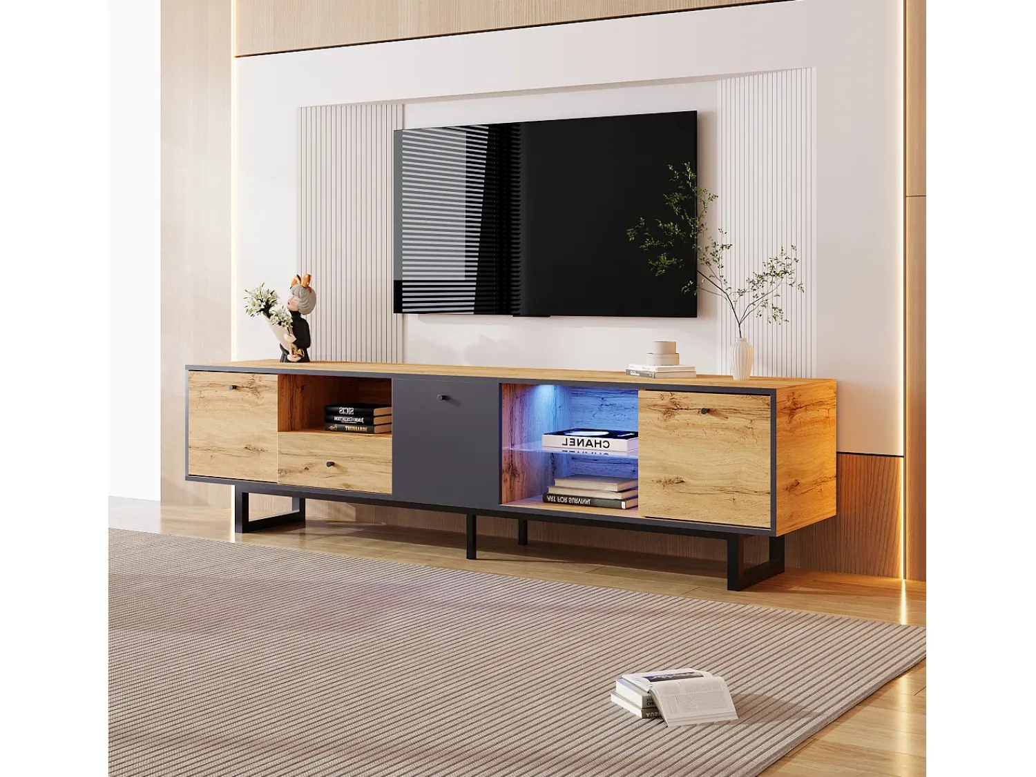 Merax Móvel TV com 3 portas, 1 gaveta e 3 nichos - LEDs - Aglomerado e pés metálicos - Carvalho^ Móvel De Tv