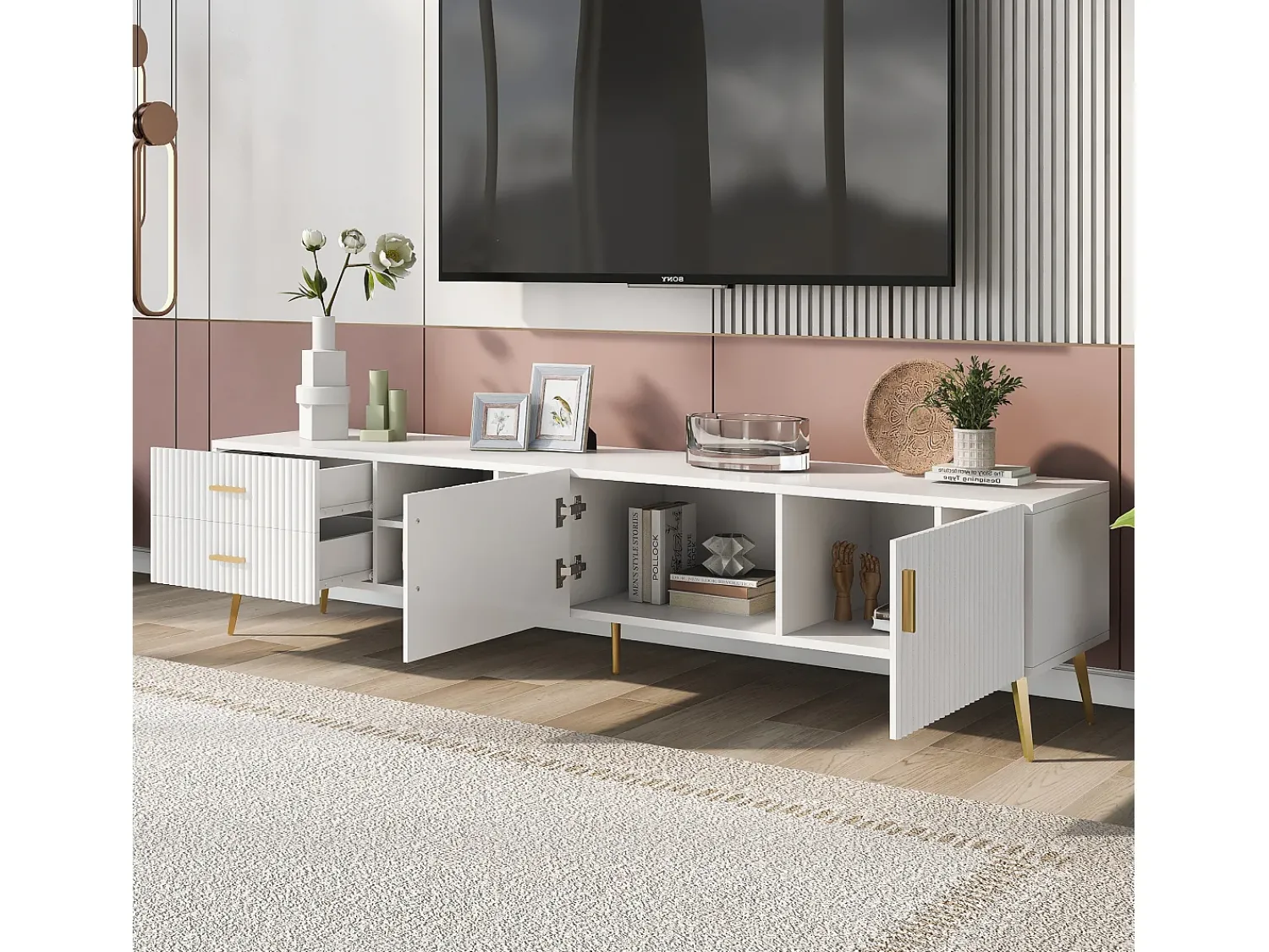 Móvel De Tv|Hauss Spole Móvel TV com 2 portas, 2 gavetas e 3 nichos, corpo , pés de metal dourado Branco