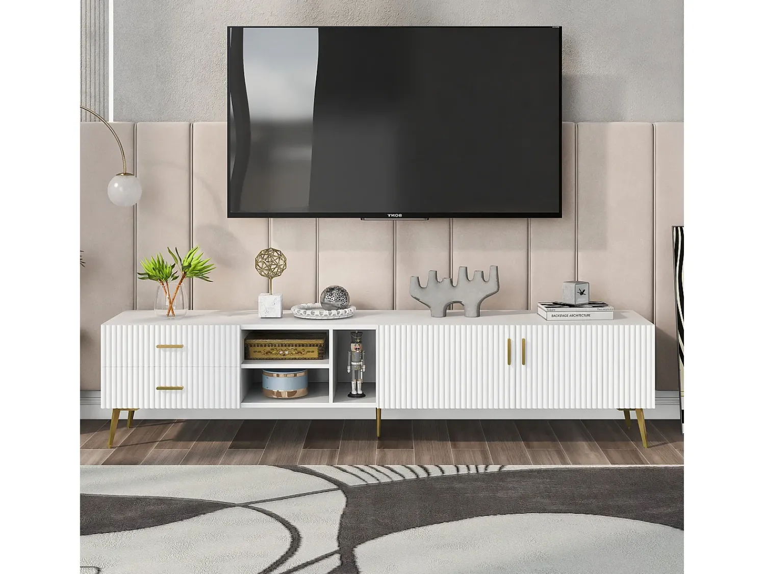 Móvel De Tv|Hauss Spole Móvel TV com 2 portas, 2 gavetas e 3 nichos, corpo , pés de metal dourado Branco