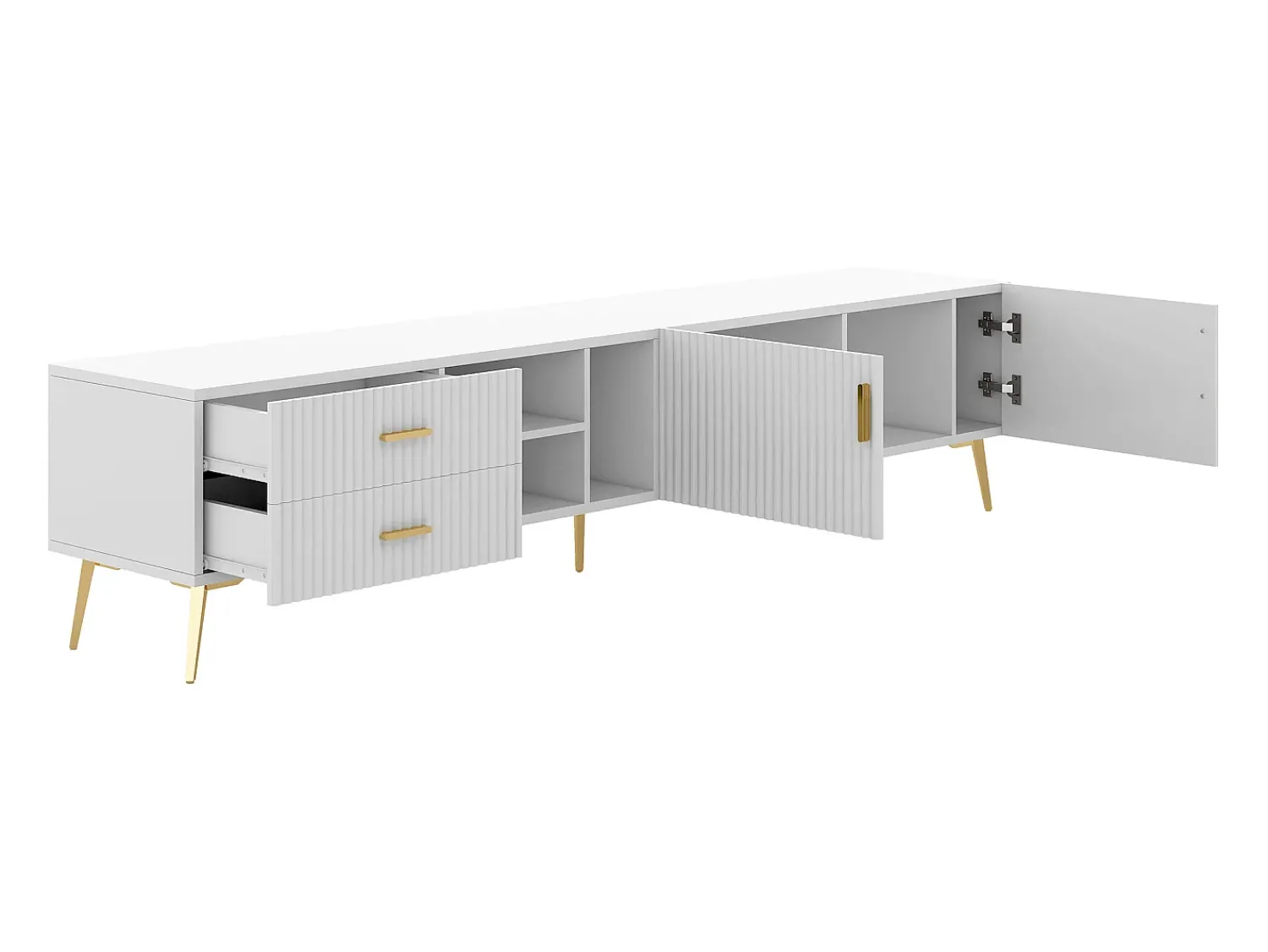 Móvel De Tv|Hauss Spole Móvel TV com 2 portas, 2 gavetas e 3 nichos, corpo , pés de metal dourado Branco