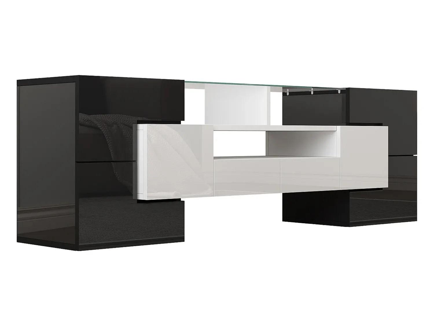 Hauss Spole Móvel TV com 6 portas, 2 gavetas e 2 nichos, LED incluído, em laca brilhante e branco - 145x30x51cm^ Móvel De Tv