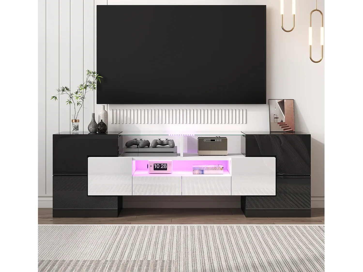 Hauss Spole Móvel TV com 6 portas, 2 gavetas e 2 nichos, LED incluído, em laca brilhante e branco - 145x30x51cm^ Móvel De Tv