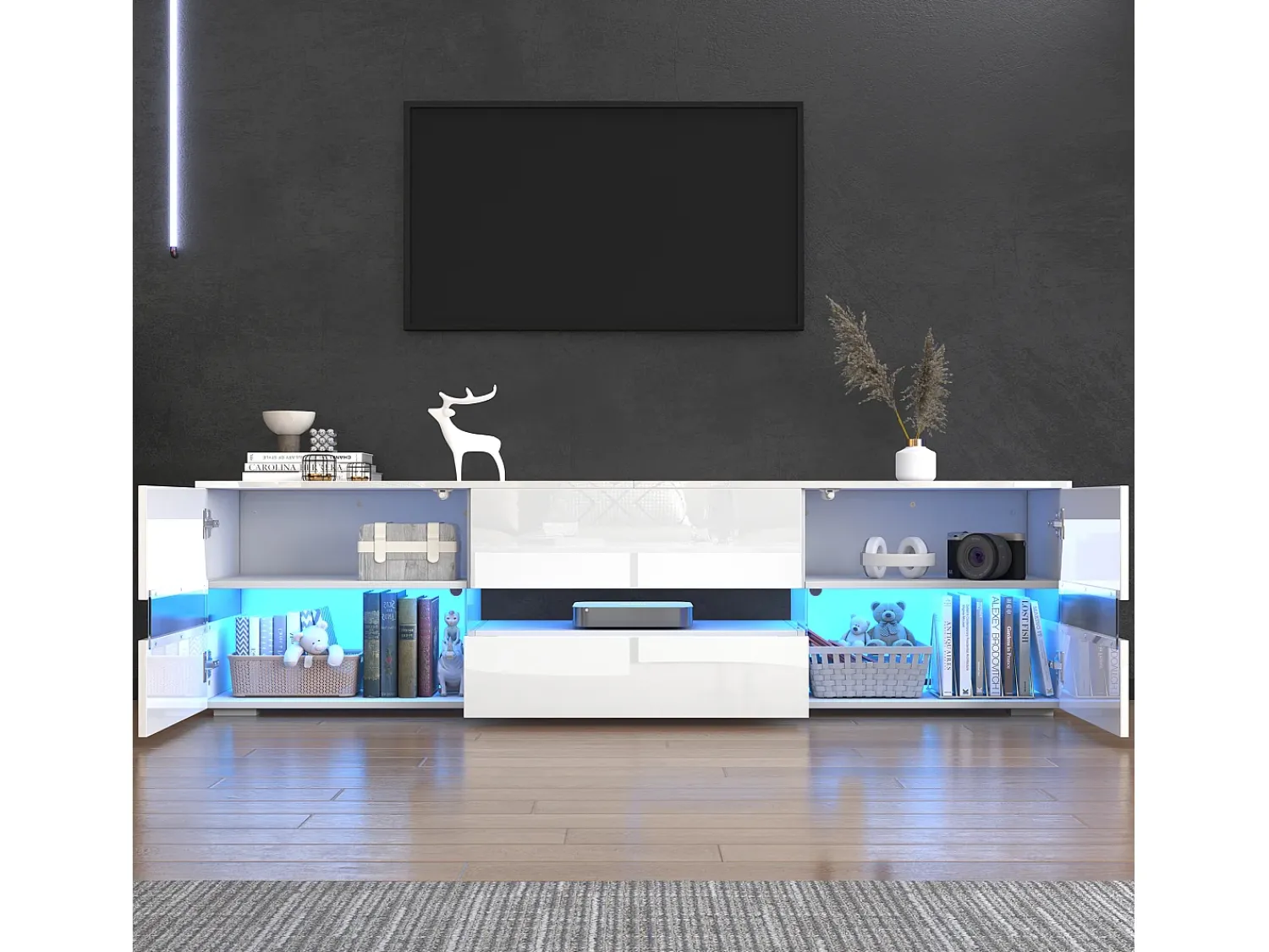 Merax Móvel TV com 4 portas, 2 gavetas, compartimento aberto - 160 x 39 x 45 cm - Aglomerado - LEDs - brilhante^ Móvel De Tv