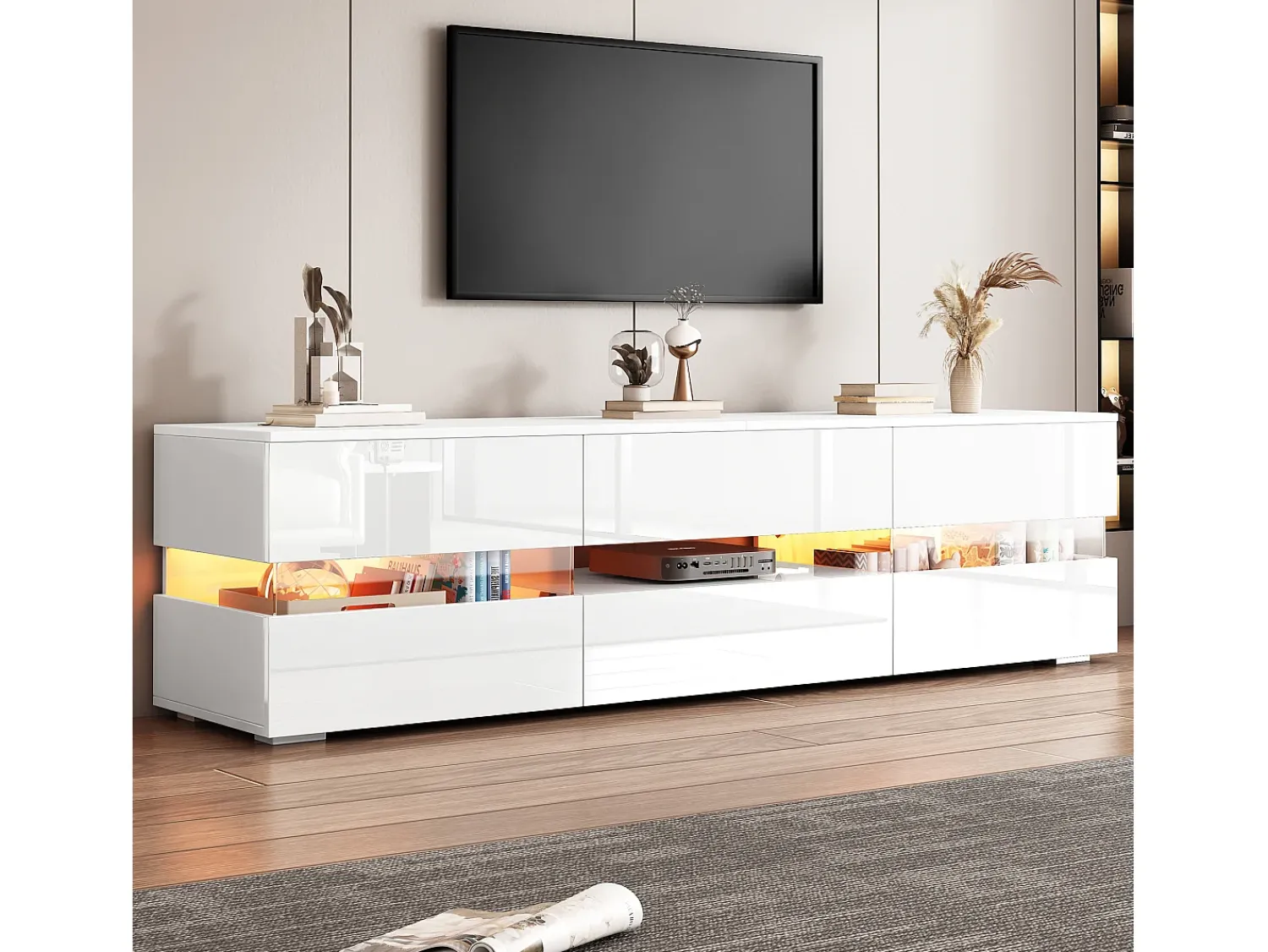 Merax Móvel TV com 4 portas, 2 gavetas, compartimento aberto - 160 x 39 x 45 cm - Aglomerado - LEDs - brilhante^ Móvel De Tv