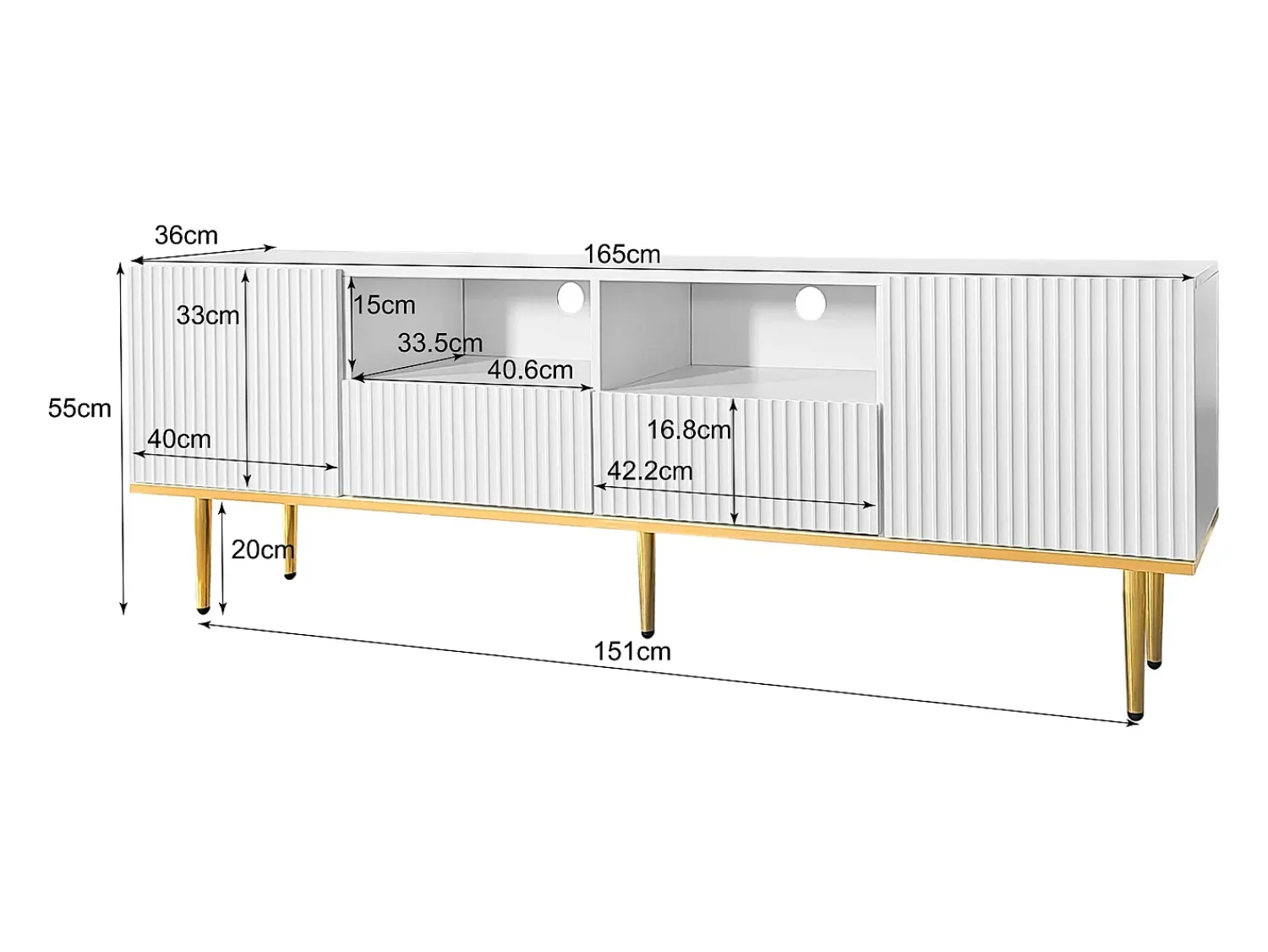 Móvel De Tv*Hauss Spole Móvel TV com 2 portas, 2 gavetas e 2 nichos, corpo ranhurado na cor branca com detalhes dourados - 165x36x55cm Branco