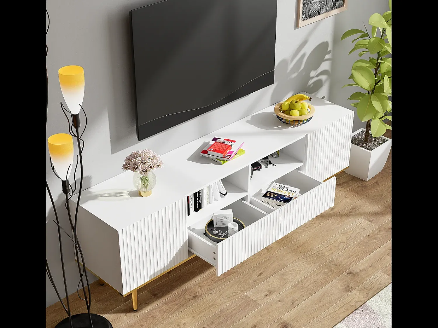 Móvel De Tv*Hauss Spole Móvel TV com 2 portas, 2 gavetas e 2 nichos, corpo ranhurado na cor branca com detalhes dourados - 165x36x55cm Branco