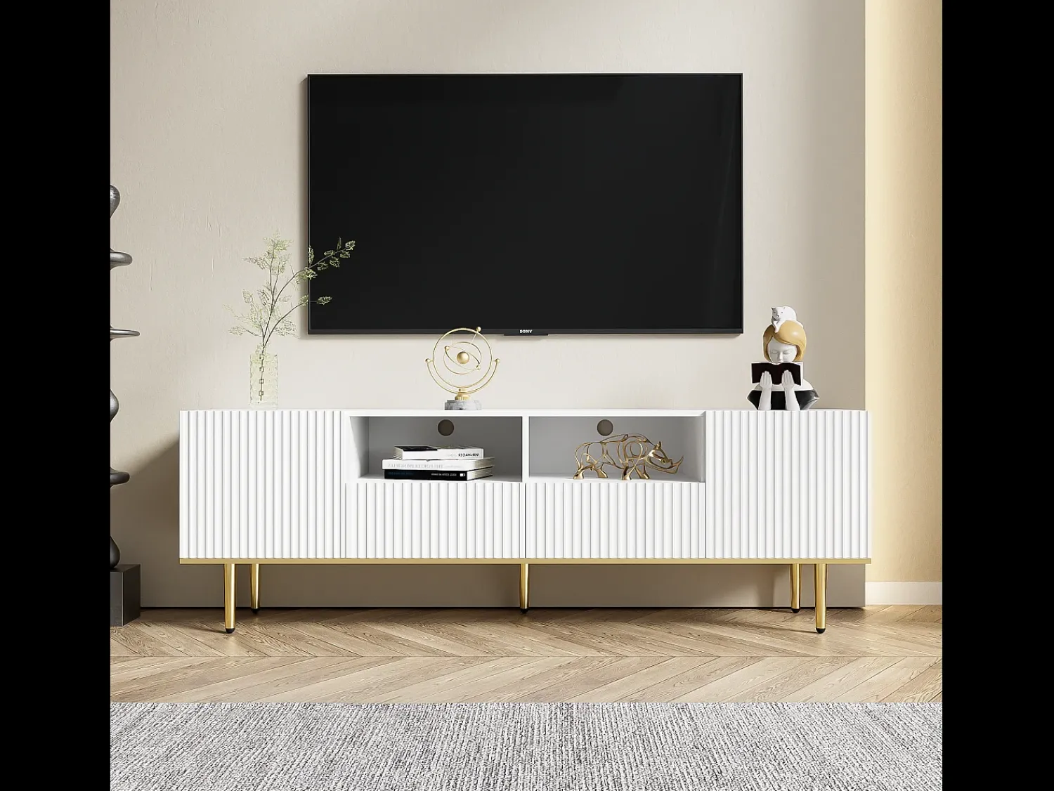 Móvel De Tv*Hauss Spole Móvel TV com 2 portas, 2 gavetas e 2 nichos, corpo ranhurado na cor branca com detalhes dourados - 165x36x55cm Branco