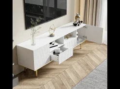 Móvel De Tv*Hauss Spole Móvel TV com 2 portas, 2 gavetas e 2 nichos, corpo ranhurado na cor branca com detalhes dourados - 165x36x55cm Branco